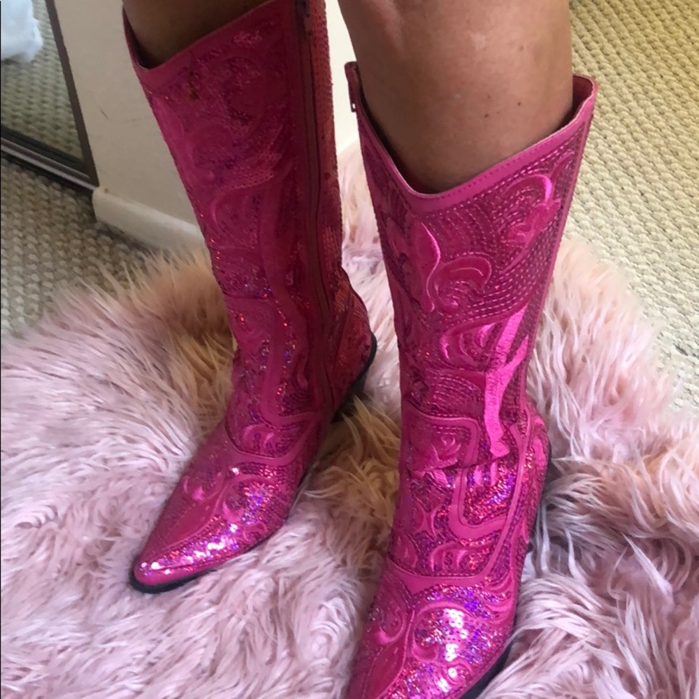 Pink sequined cowboy boots